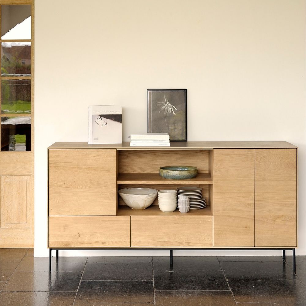 Ethnicraft Oak Whitebird Sideboard with Open Shelves Styled