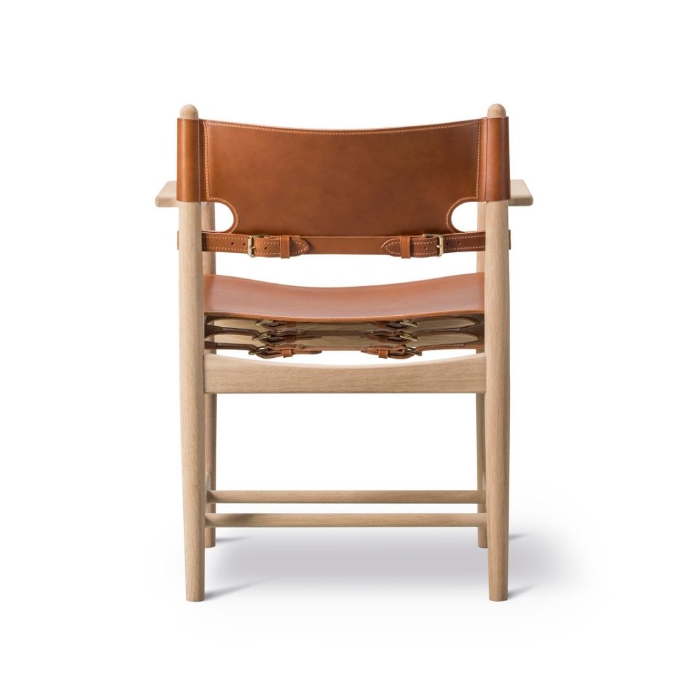 Fredericia Spanish Dining Armchair BM 3828 by Borge Mogensen Oak and Cognac Saddle Leather Back