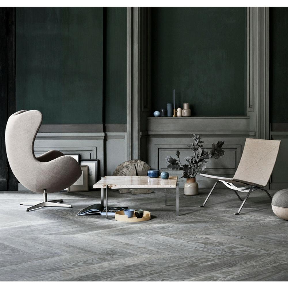 Fritz Hansen Arne Jacobsen Egg Chair in room with Poul Kjaerholm Furniture