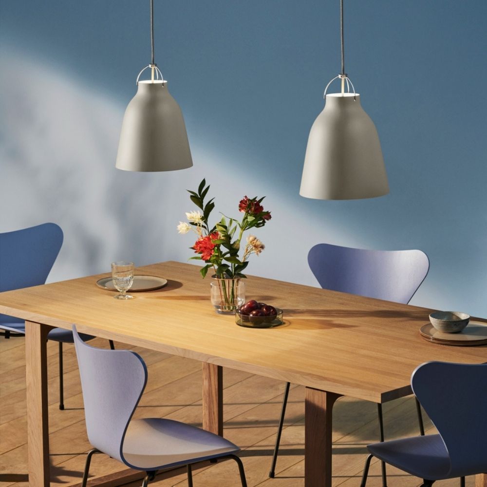 Fritz Hansen Ikebana Vase Small with Essay Table Series 7 Chairs and Caravaggio Pendant Lights