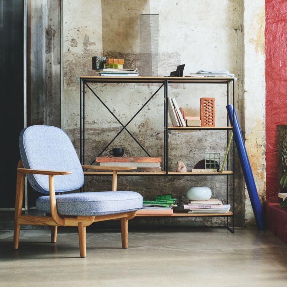 Fritz Hansen Paul McCobb Planner Shelves MC510 with Fred Lounge Chair in Light Blue Kvadrat Ria