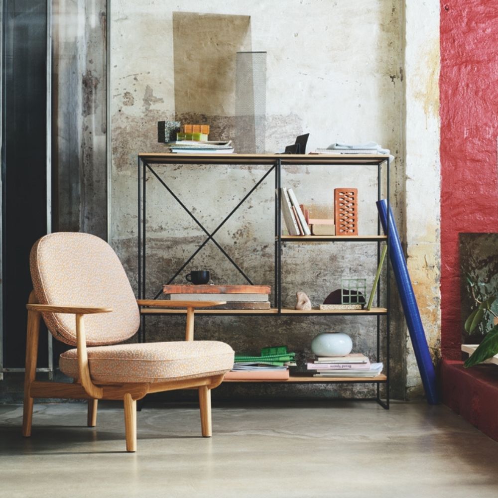 Fritz Hansen Paul McCobb Planner Shelves MC510 with Fred Lounge Chair in Peach Kvadrat Ria