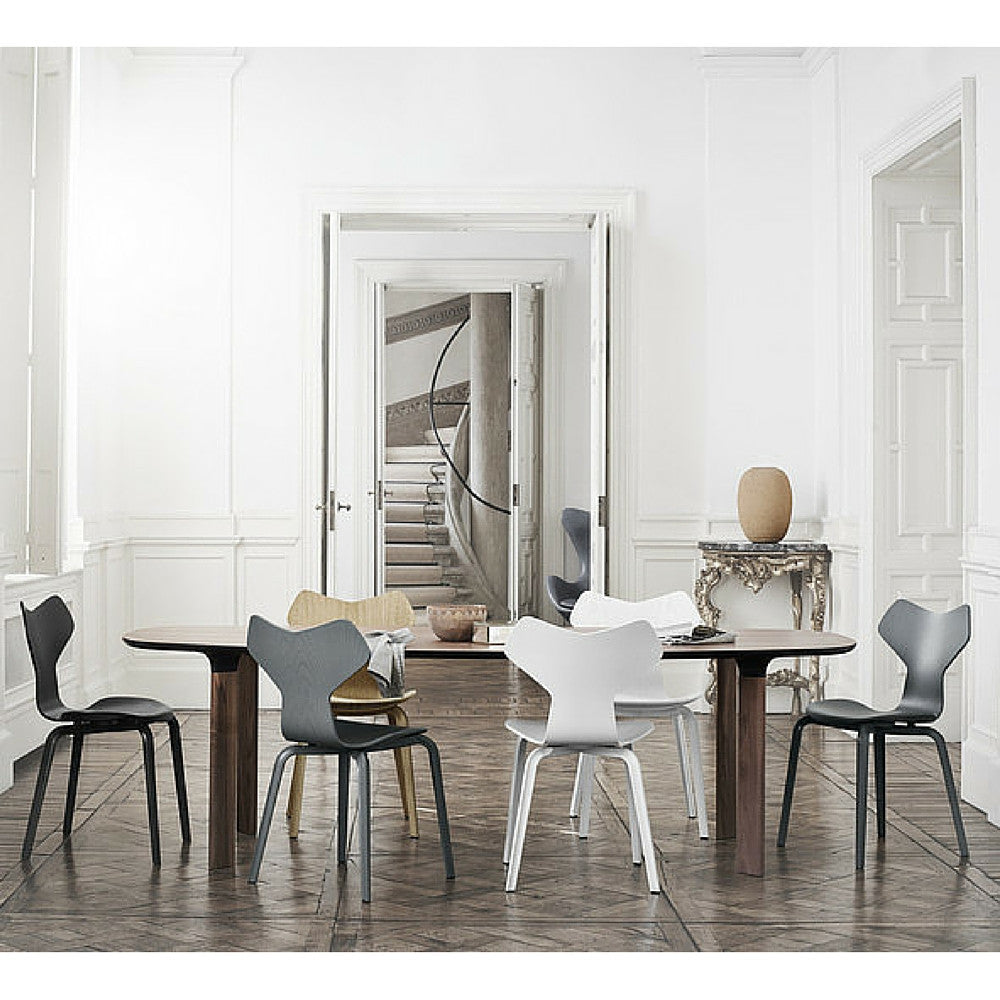 Grand Prix Chairs with Wood Legs in Room with Analog Table Arne Jacobsen Fritz Hansen