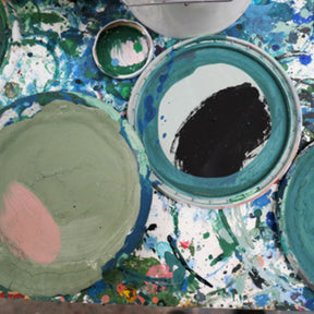 Green and Blue Paints in studio of Claudia Valsells Tones Rugs for Nanimarquina