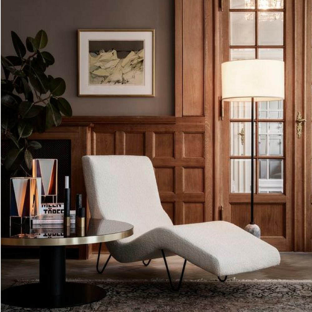 GMG Chaise Lounge in room with Space Copenhagen Gravity Floor Lamp