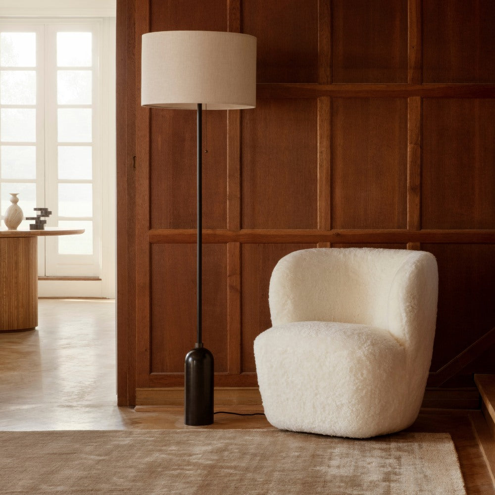 GUBI Gravity Floor Lamp in Blackened Steel with Stay Lounge Chair Sheepskin