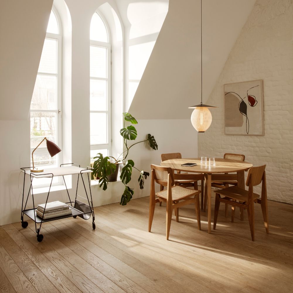 GUBI Satellite Pendant in Copenhagen Loft with Gascoin C Chairs and Mategot Trolley
