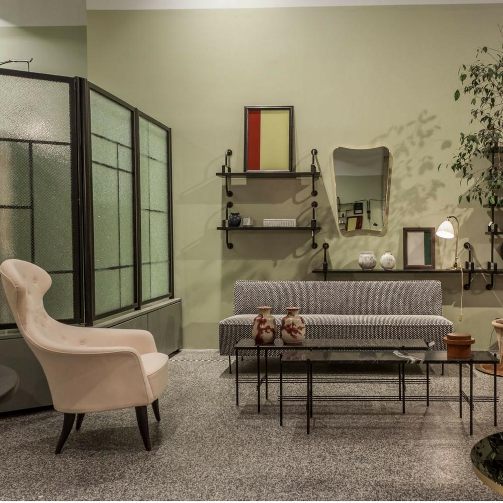 GUBI Modern Line Sofa by Greta Grossman in room with Eve Chair