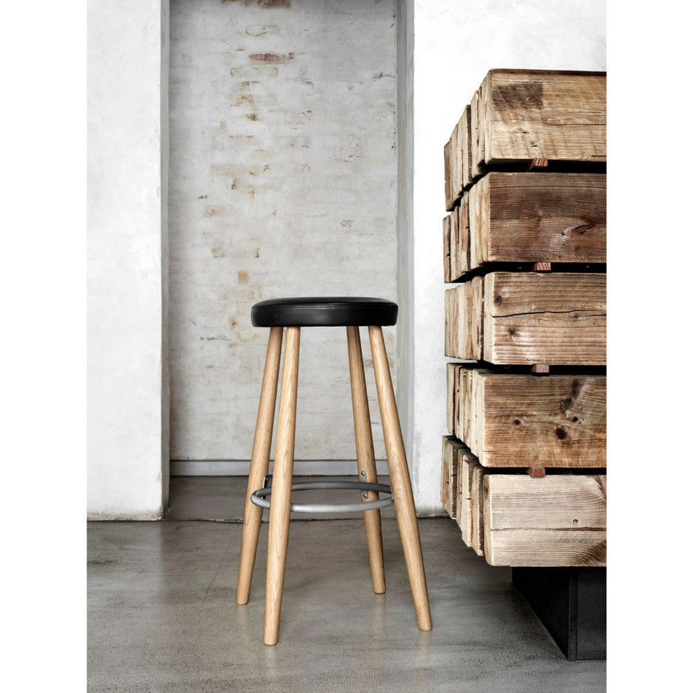 Hans Wegner Barstool Black Leather Oak Stainless Steel Carl Hansen & Son