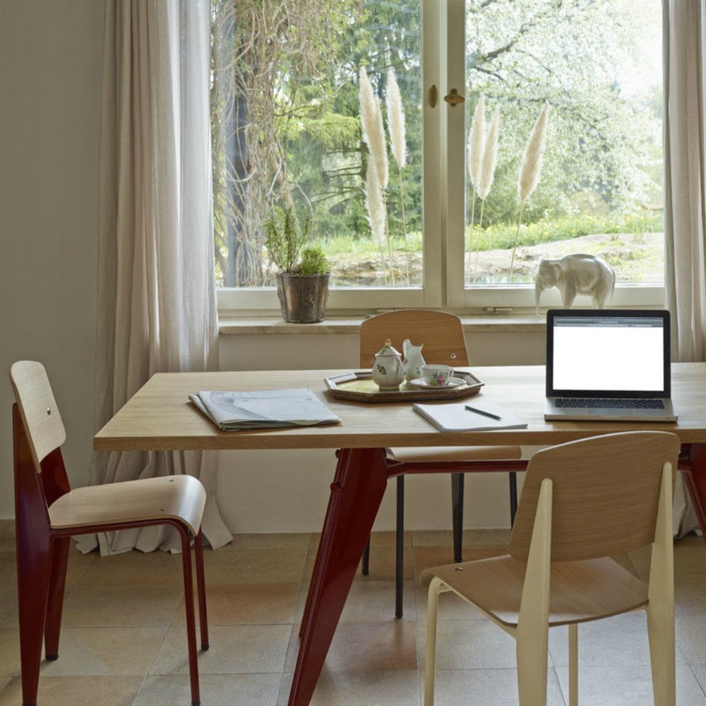 Jean Prouve EM Table Natural Oak Top Japanese Red Base Desk Standard Chairs Vitra