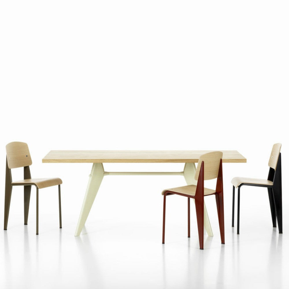 Jean Prouve EM Table Natural Oak Top Ecru Base with Standard Chairs Vitra