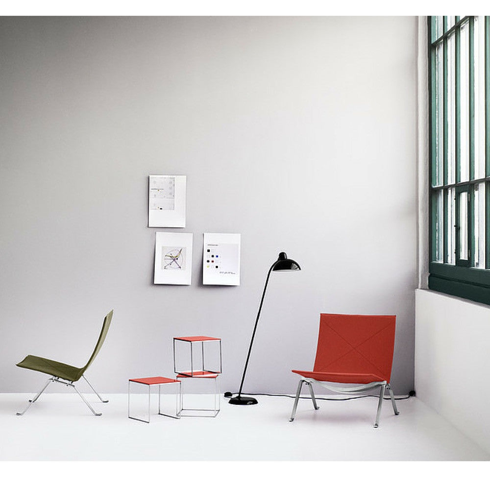 Kaiser Idell Tilt Floor Lamp in Room with Poul Kjaerholm Chairs