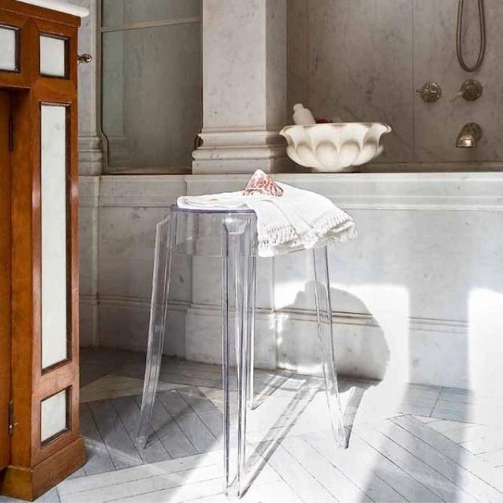 Kartell Charles Ghost Stool in Marble Bathroom