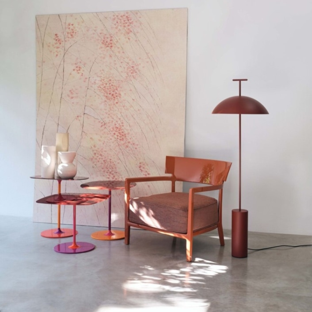 Kartell Thierry Side Tables by Piero Lissoni  Bordeaux in room with Geena Lamp and Art