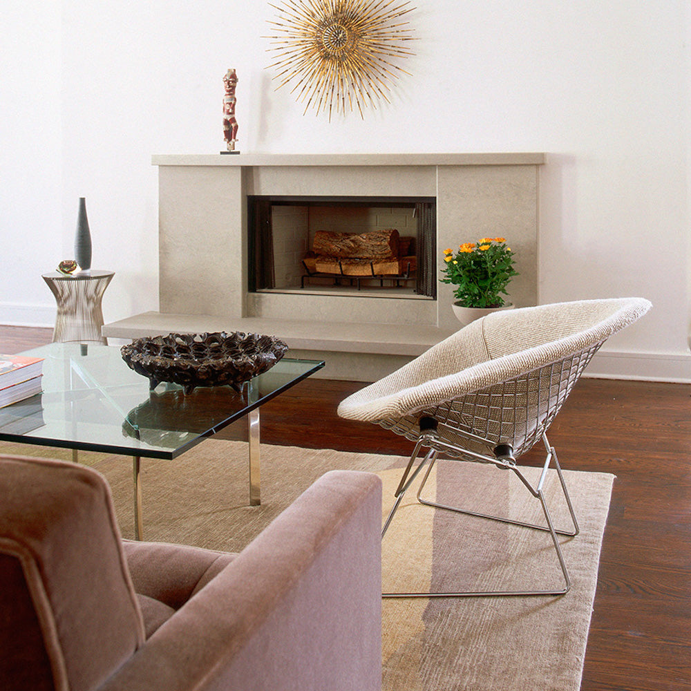 Knoll Barcelona Coffee Table in Living Room with Bertoia Diamond Chair and Florence Knoll Sofa