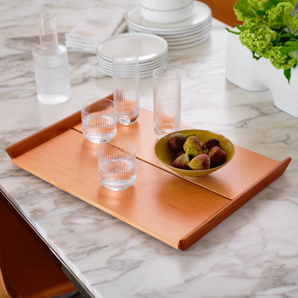 Knoll Nakashima Tray on Florence Knoll Dining Table with Figs and Flowers