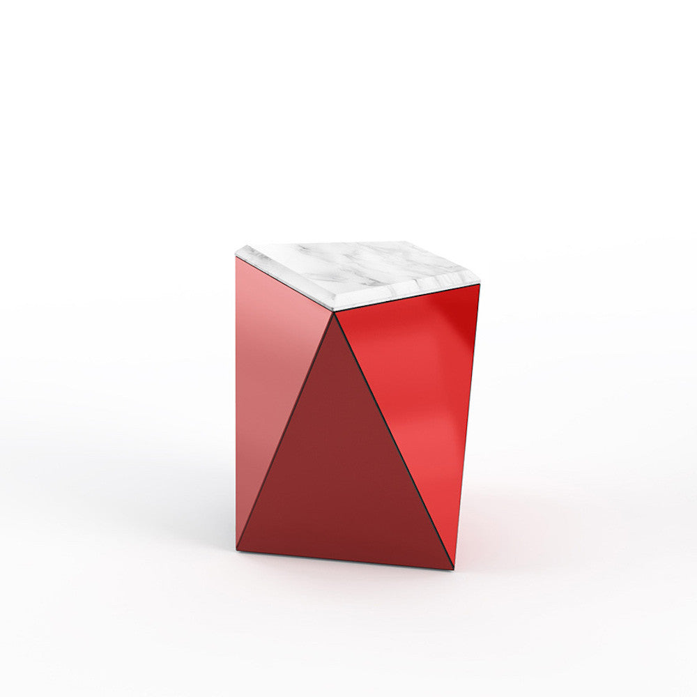 David Adjaye Washington Prism Side Table Red Gloss Laminate base with Arabescato marble top by Knoll