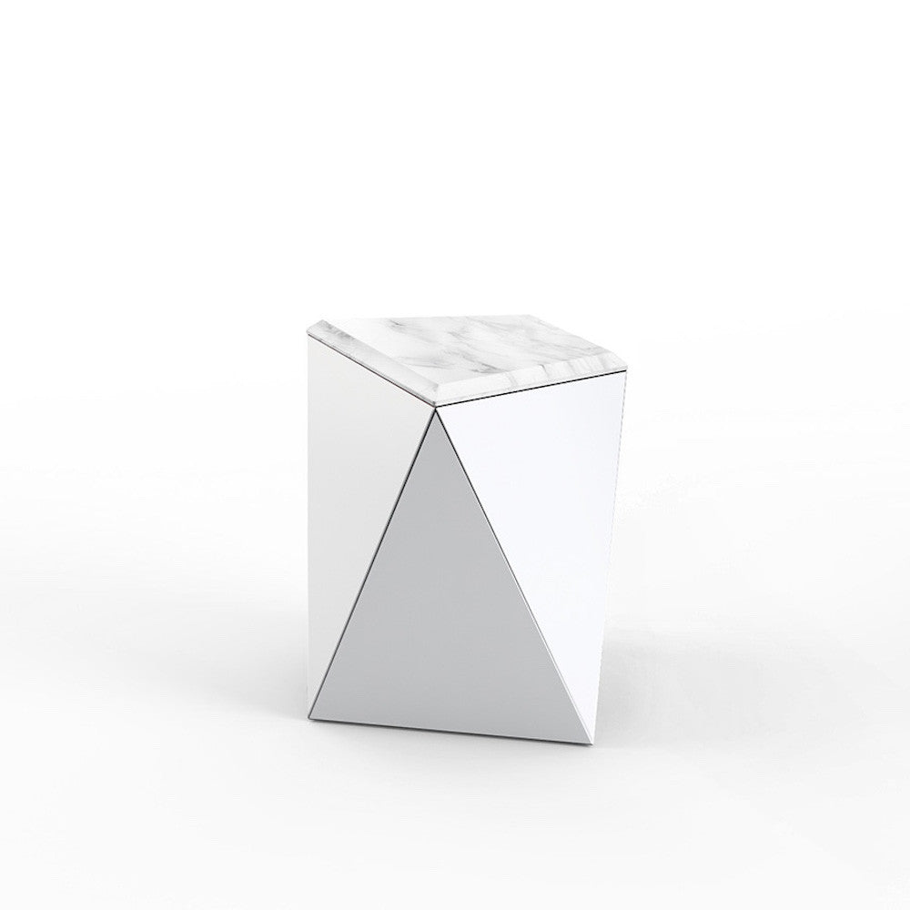 David Adjaye Washington Prism Side Table White Gloss Laminate base with Arabescato marble top by Knoll