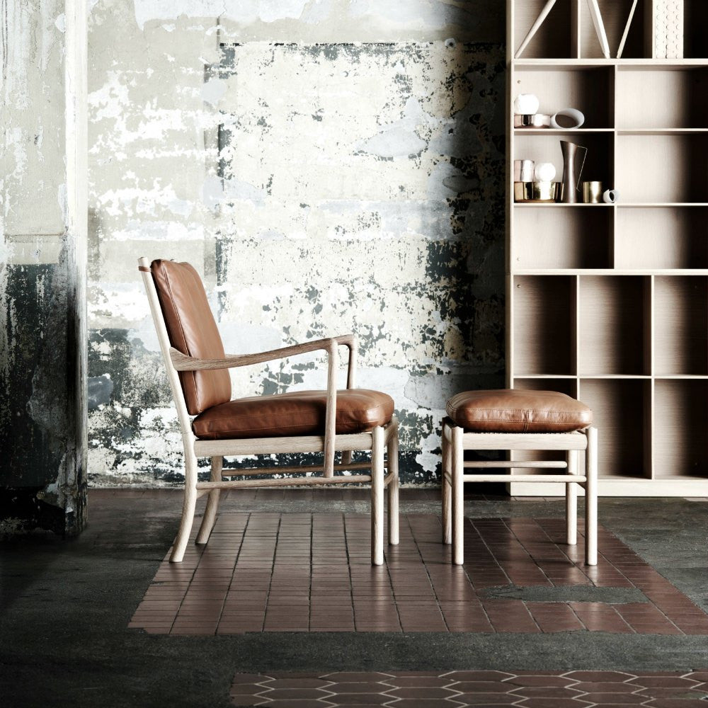 Ole Wanscher Colonial Footstool OW149F Brown Leather in Room with Colonial Chair Carl Hansen & Son