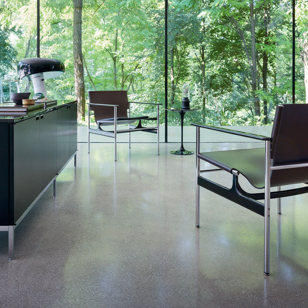 Black Pollock Sling Chairs in Room with Florence Knoll Credenza and Floor to Ceiling Windows