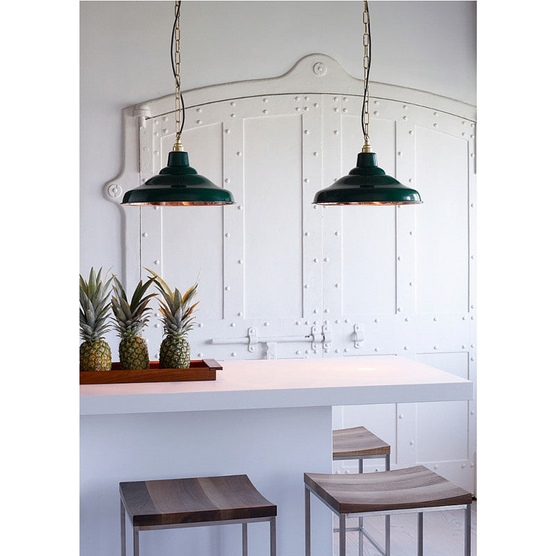 School Light Painted Green Polished Copper Interior Pair over Kitchen Bar Davey Lighting Original BTC