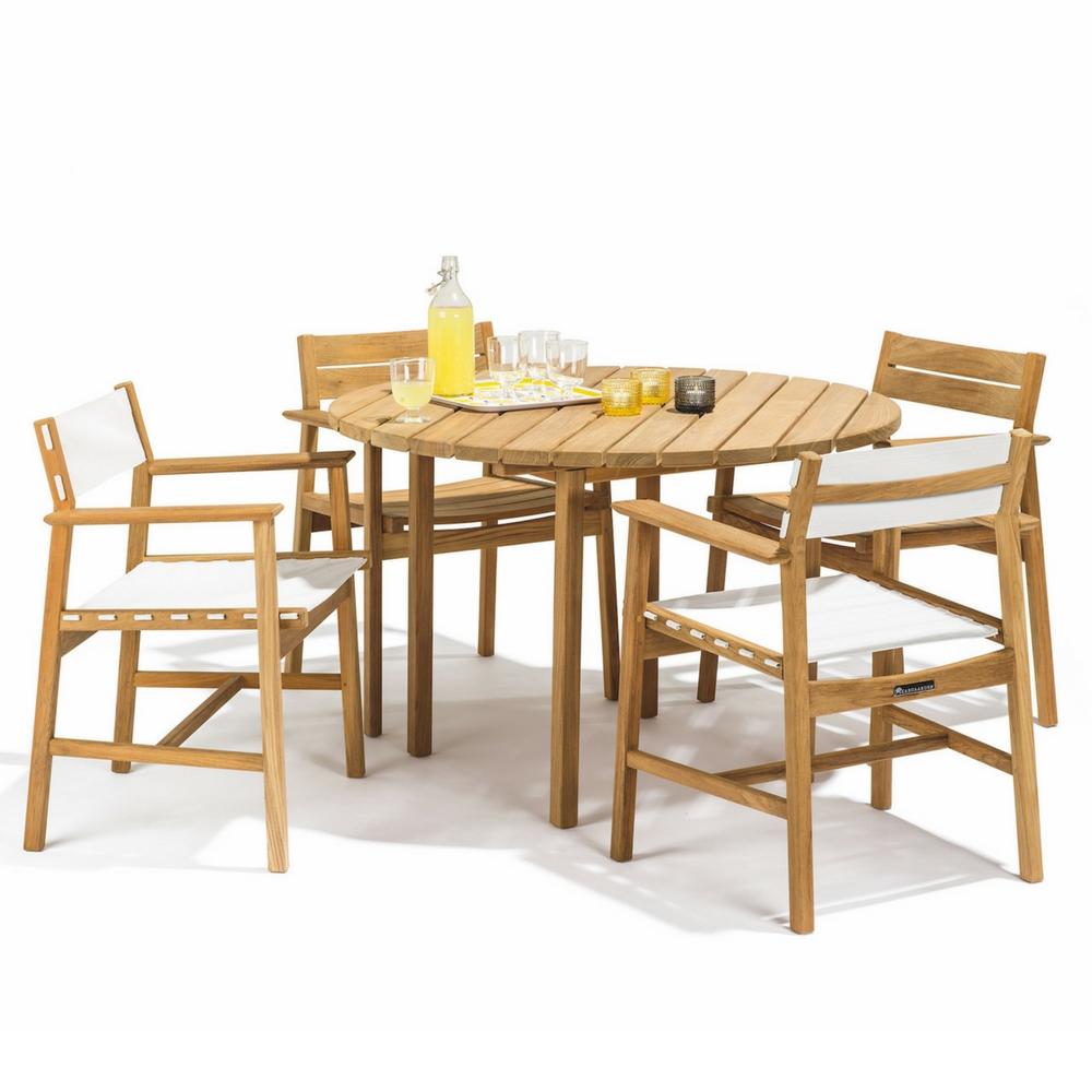 Skargaarden Djuro Teak Round Outdoor Dining Table styled with Djuro Dining Chairs