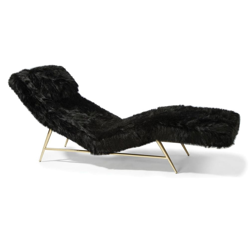 Thayer Coggin Milo Baughman Fred Chaise Lounge Model 1231 Black Sheepskin with Satin Brass base