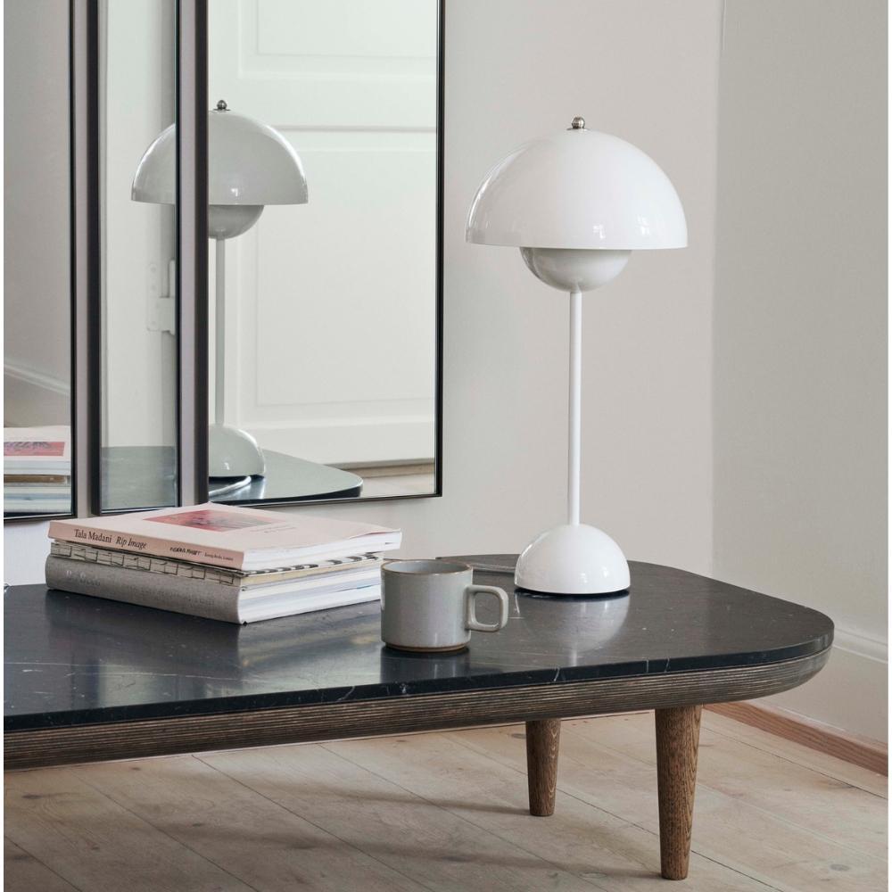 Verner Panton VP3 Flowerpot Lamp in White Styled with Fly Table And Tradition Copenhagen