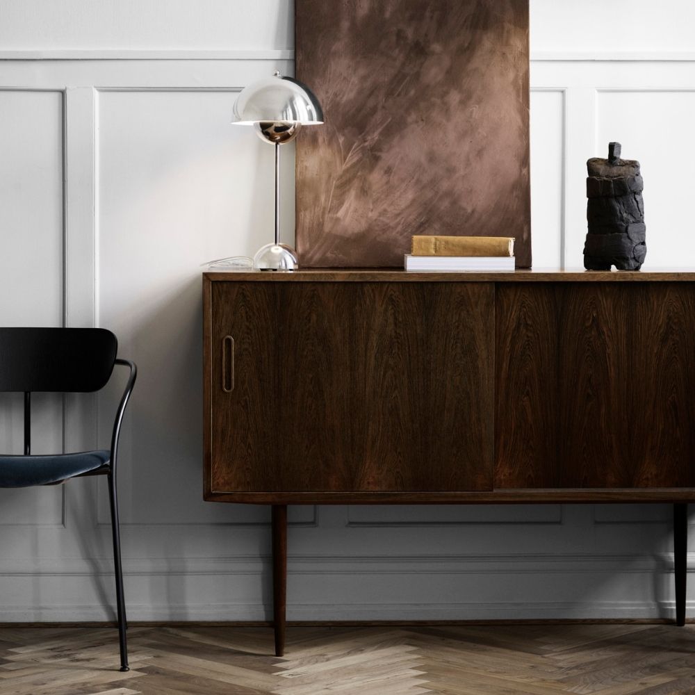 &Tradition VP3 Table Lamp Polished Stainless Steel on Sideboard in Copenhagen Living Room