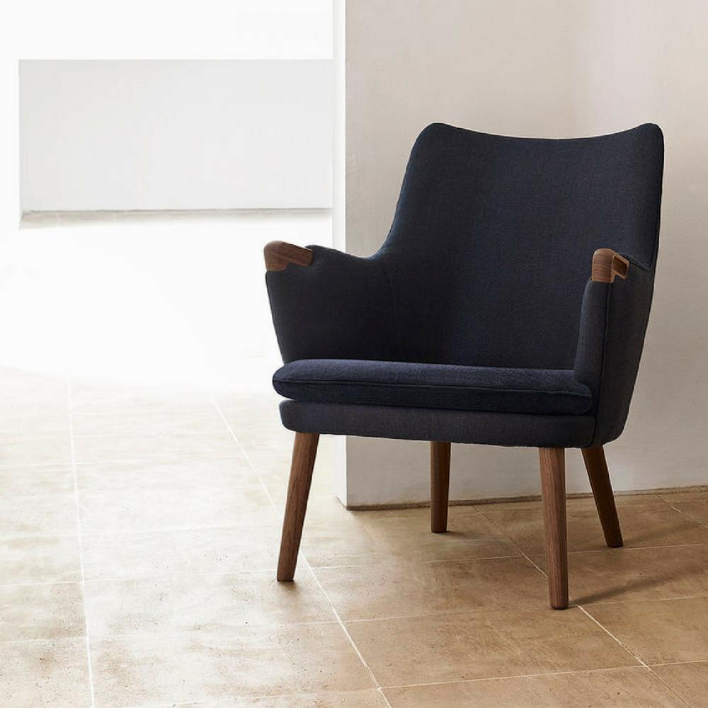 Hans Wegner CH71 Lounge Chair Dark Blue Canvas with Walnut Carl Hansen and Son