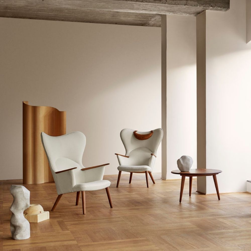 Wegner CH78 Mama Bear Chairs in White Hallingdal 100 styled in room with CH008 Coffee Table Carl Hansen