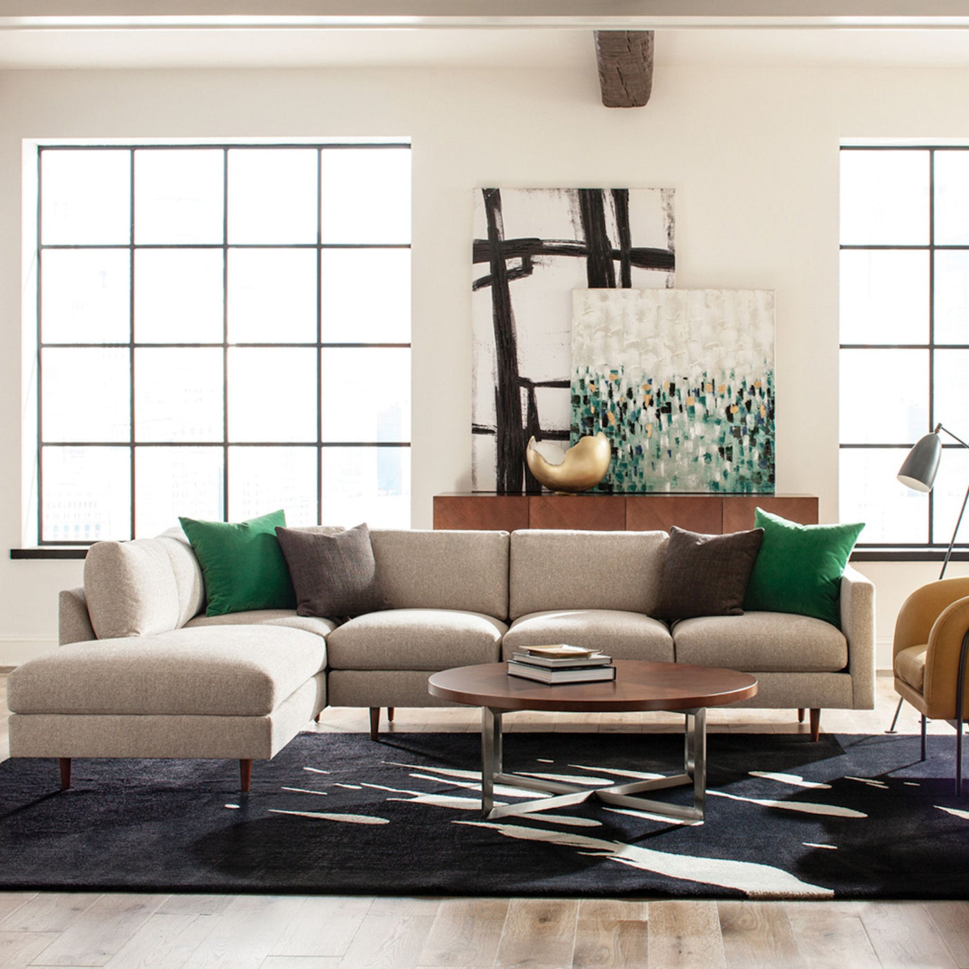 Thayer Coggin Milo Baughman Design Classic Sectional Sofa in Living Room with GUBI Grasshopper Lamp