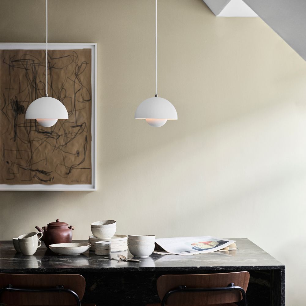 and Tradition VP1 Pendant Lights Matte White over Kitchen Counter in Copenhagen Loft