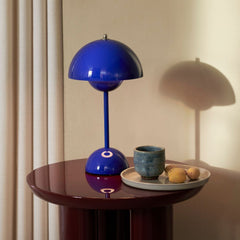 andTradition VP9 Flowerpot Lamp Cobalt Blue on Lacquered Side Table