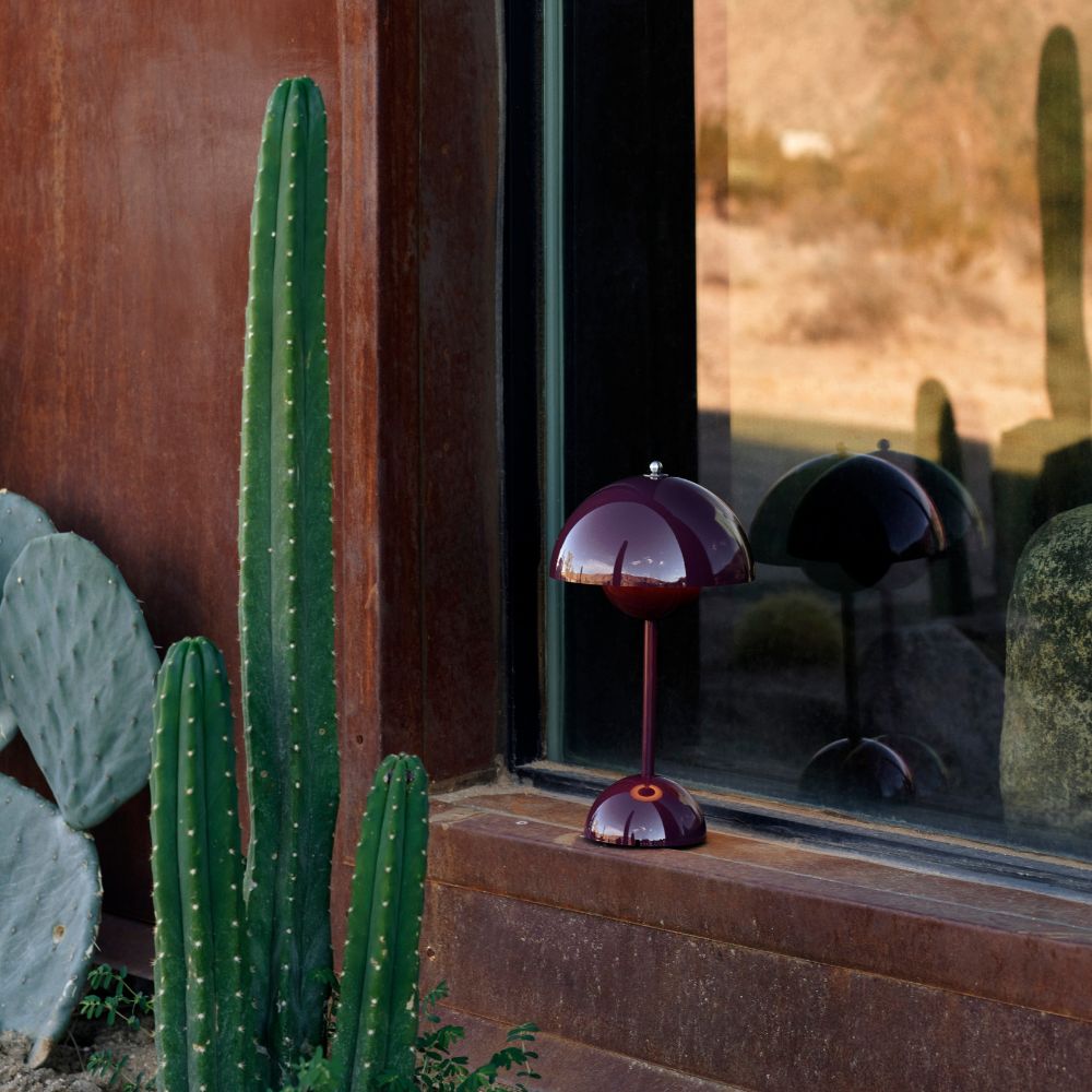 andTradition VP9 Flowerpot Lamp Deep Plum on Adobe House in Desert