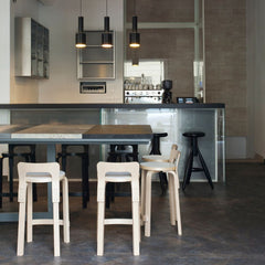Artek Alvar Aalto K65 High Chairs Natural Birch in Modern Cafe with Black Grenade  Lights