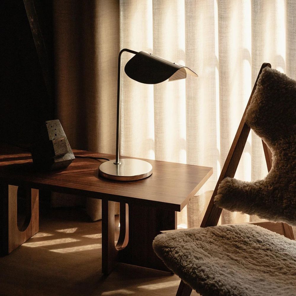 Audo Copenhagen Wing Table Lamp with the Androgyne Lounge Table and Knitting Chair