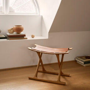 Carl Hansen OW200 Egyptian Folding Stool Cognac Saddle Leather Oiled Oak in Copenhagen Loft with Books 