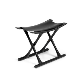 Carl Hansen OW2000 Folding Stool by Ole Wanscher Black Lacquered Oak Frame Black Saddle Leather Seat Angled