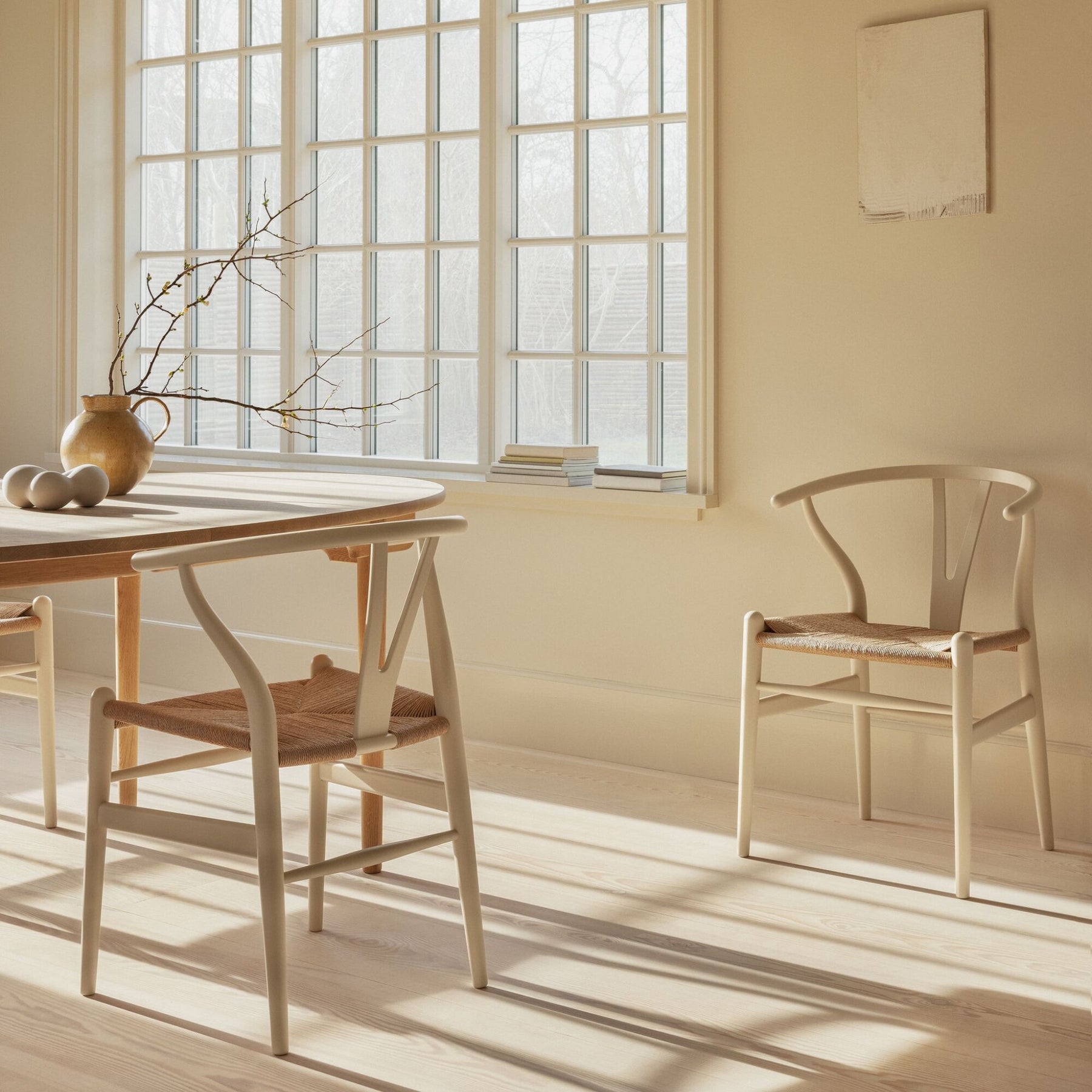 Carl Hansen Wishbone Chairs in Ilse Crawford Soft Barley with CH337 Dining Table