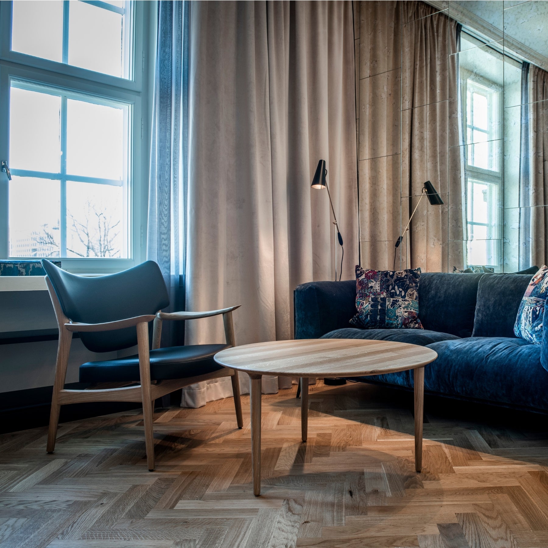 Eikund Veng Lounge Chair in Oslo Living Room with Velvet Sofa