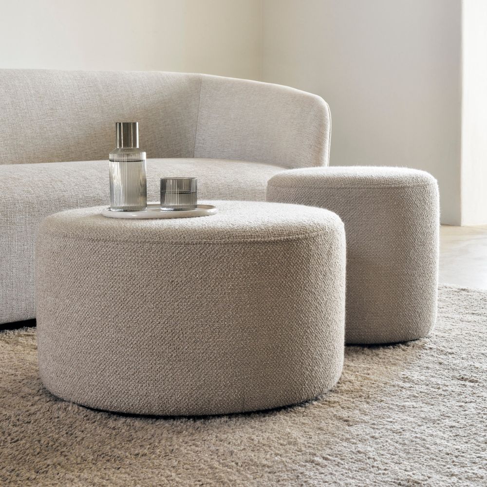 Ethnicraft Dunes Rug Cumin with Barrow Poufs and Ellipse Sofa