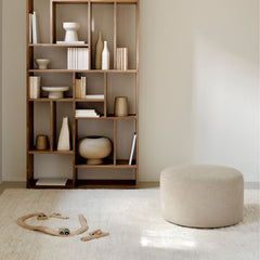 Ethnicraft Dunes Rug Sand with M Rack Shelves and Barrow Pouf