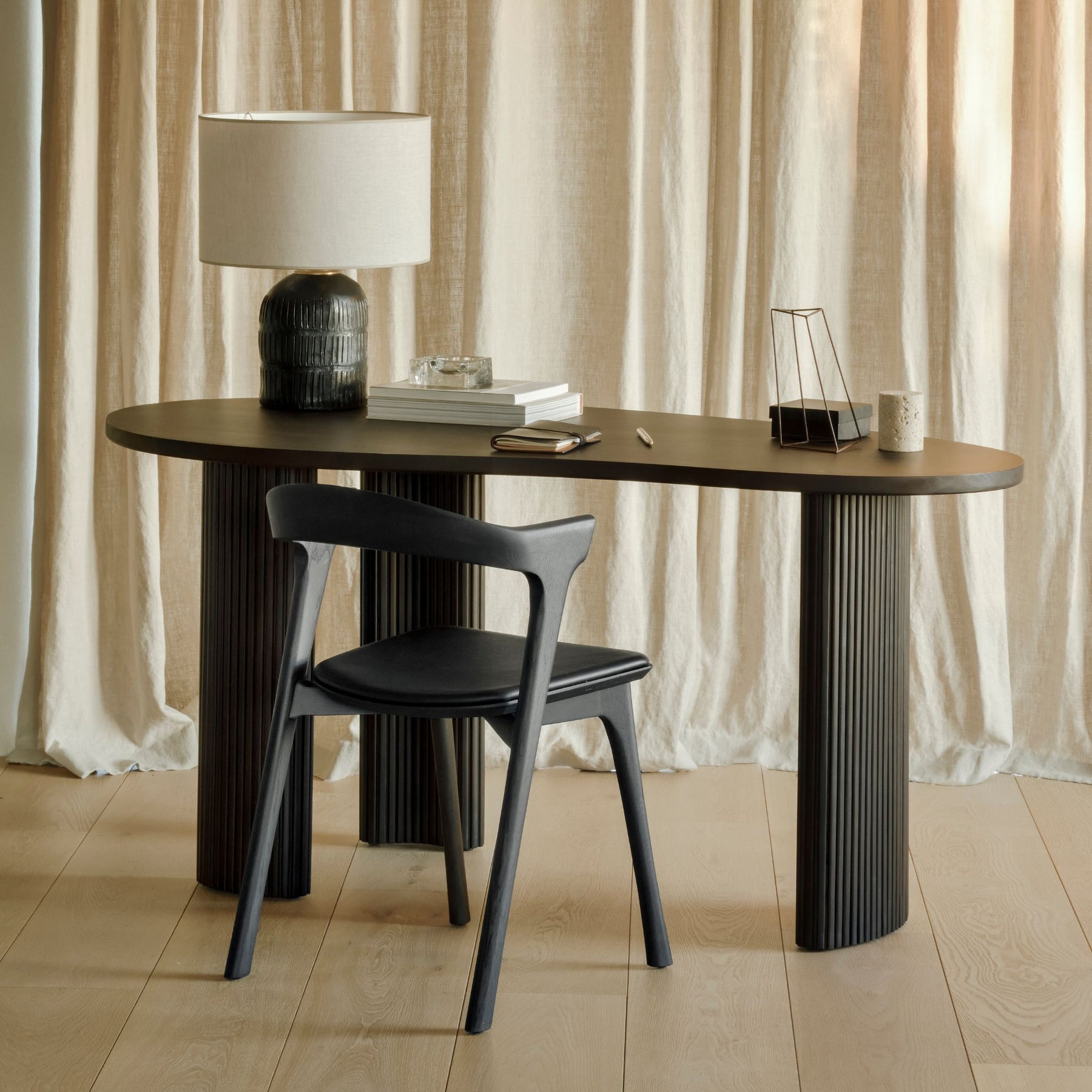 Ethnicraft Boomerang Desk Mahogany 35011 with Bok Chair and Lamp in Home Office