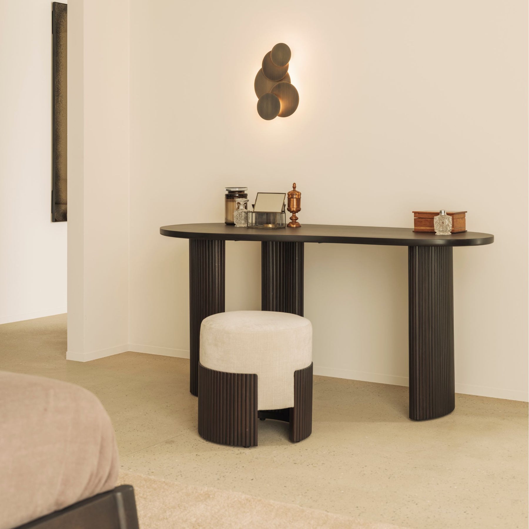 Ethnicraft Mahogany Boomerang Desk 35011 in Bedroom with Sconce and Stool