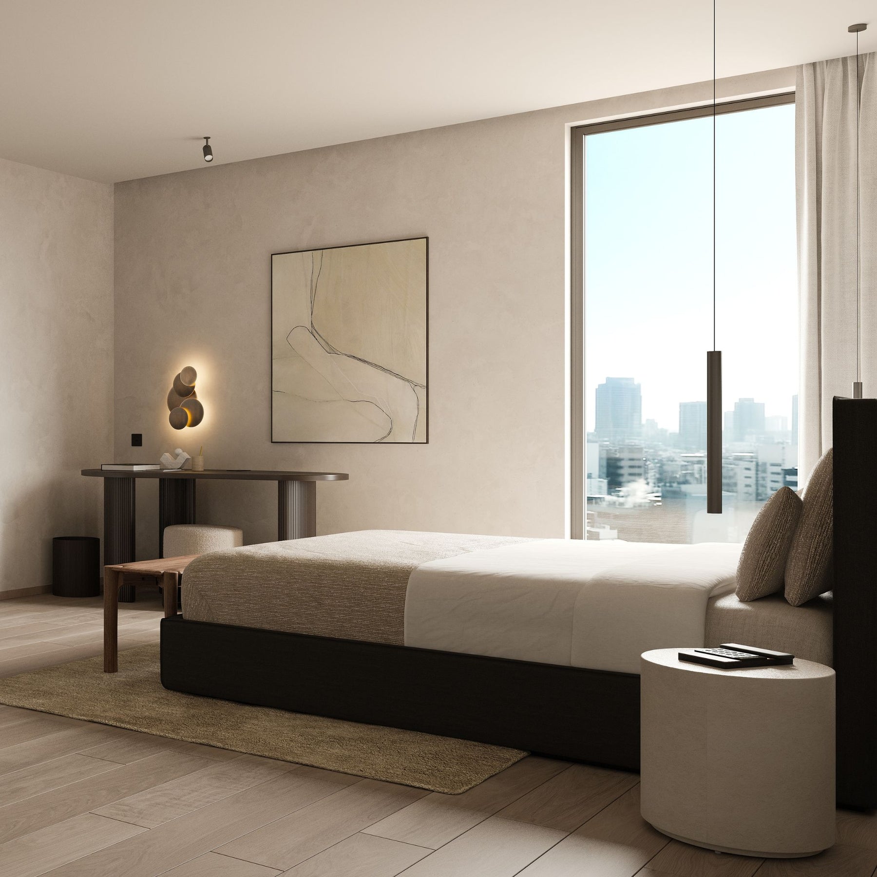 Ethnicraft Mahogany Boomerang Desk in Hotel Room with City View