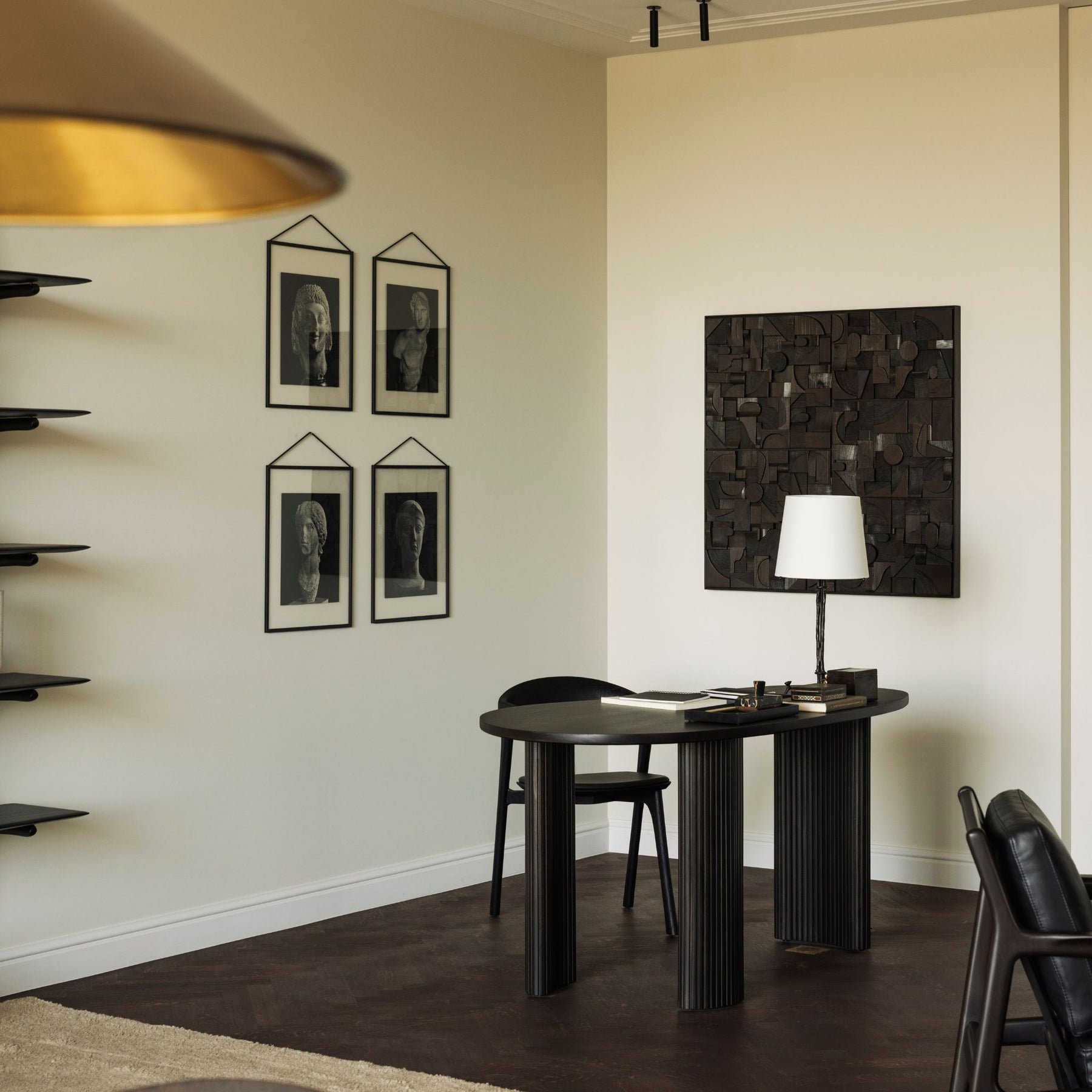 Ethnicraft Mahogany Boomerang Desk 35011 in Open Space Living Room with Brass Pendant