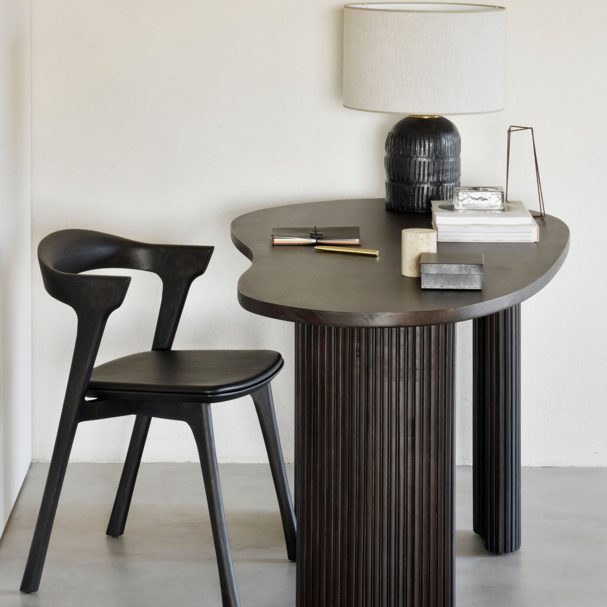 Ethnicraft Mahogany Boomerang Desk 35011  in Home Office with Bok Chair and Lamp