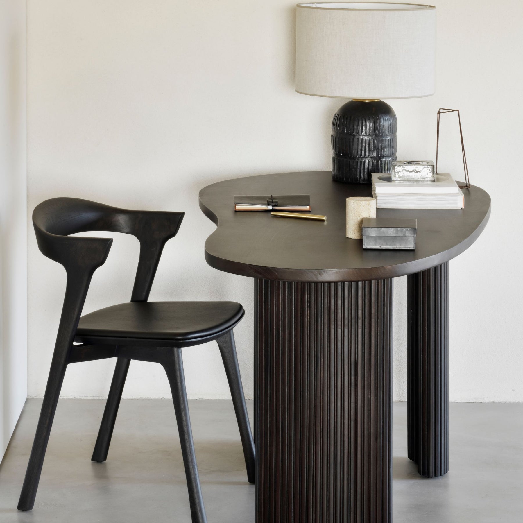 Ethnicraft Mahogany Boomerang Desk 35011  in Home Office with Bok Chair and Lamp