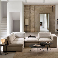 Ethnicraft Mellow Sectional Sofa Center Back Open in living Room with Ashtari Dunes Rug